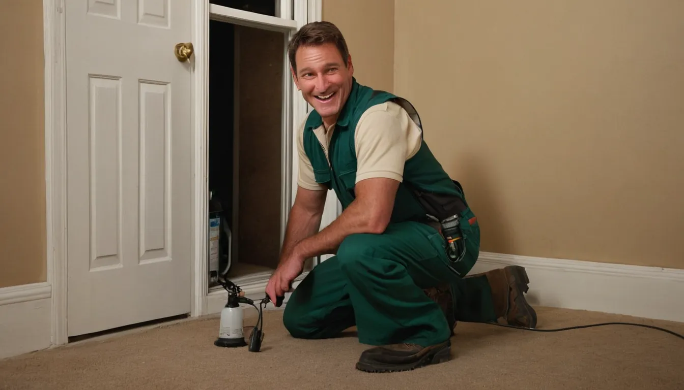 A friendly pest control provider talking with a homeowner at the front door of a colonial home in Alexandria